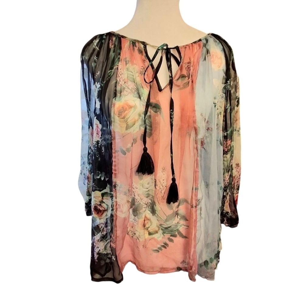Johnny Was Gisele Silk Peasant Top Floral Long Sleeve Sheer  Women Size Small
